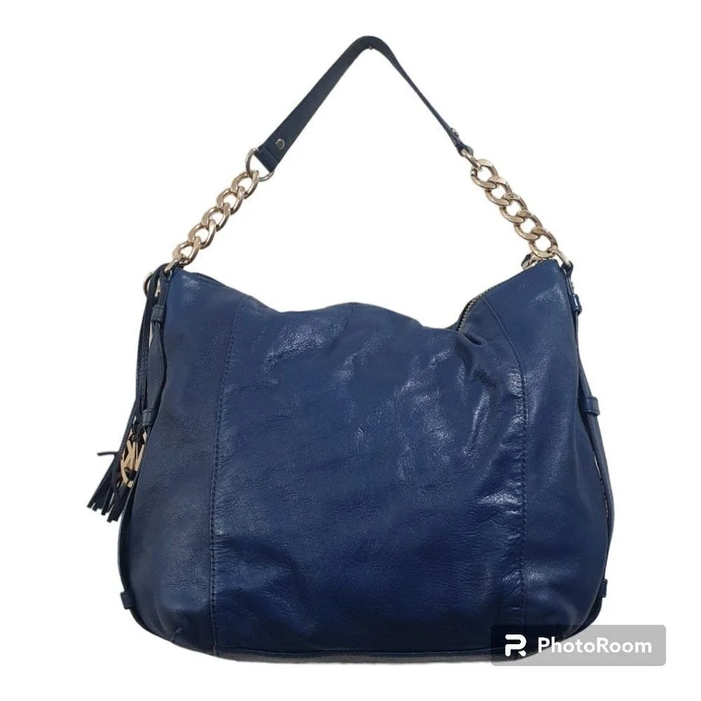MICHAEL KORS BLUE LEATHER GOLD CHAIN DEVON LARGE SHOULDER TOTE BAG PURSE